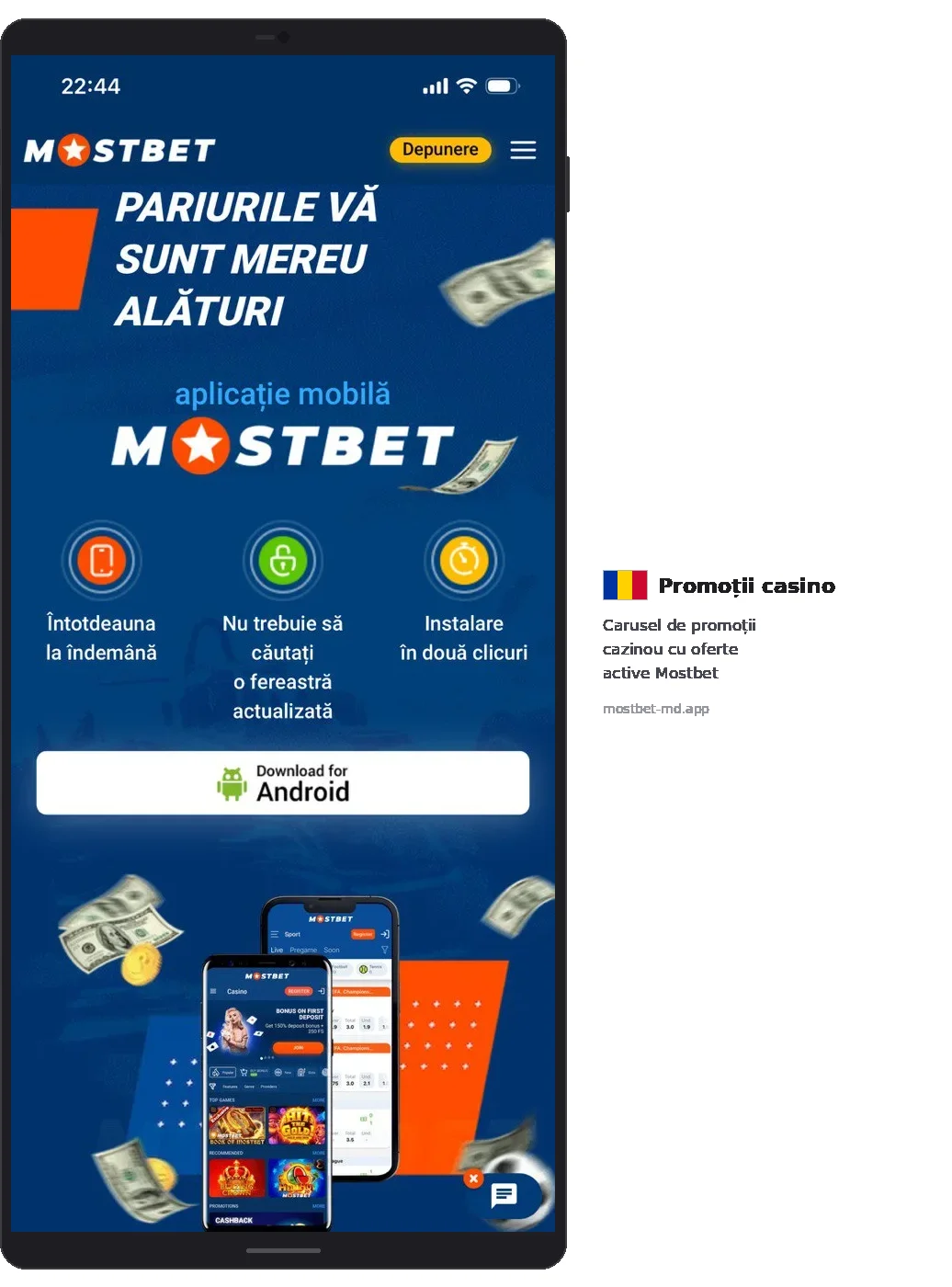 Mostbet PARIURILE VĂ SUNT MEREU ALĂTURI download Android button