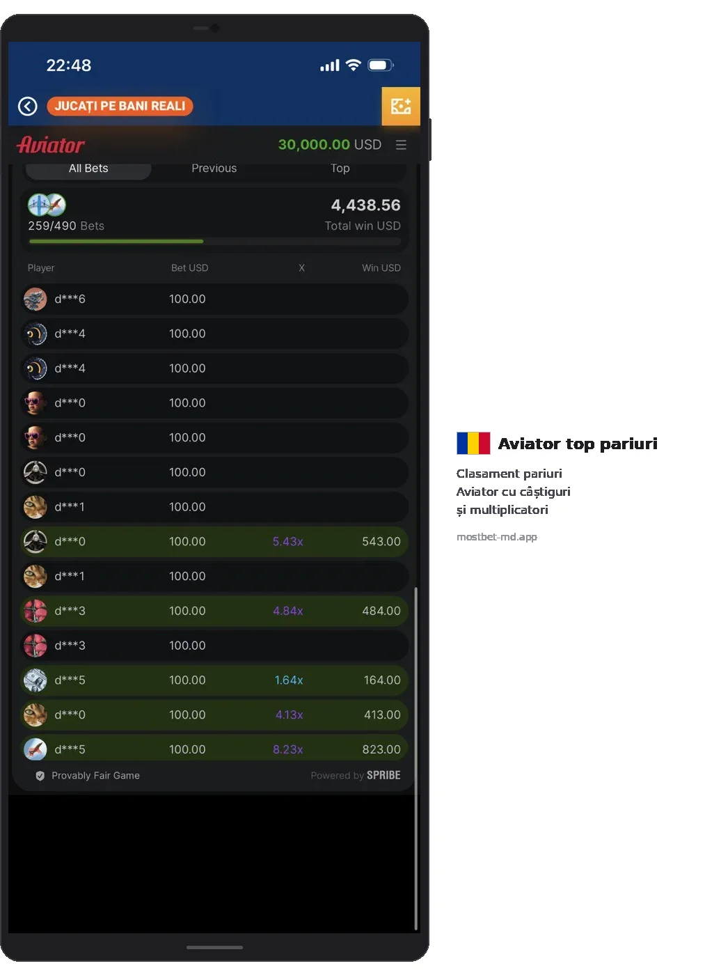 Mostbet Aviator All Bets tab with multiplier history