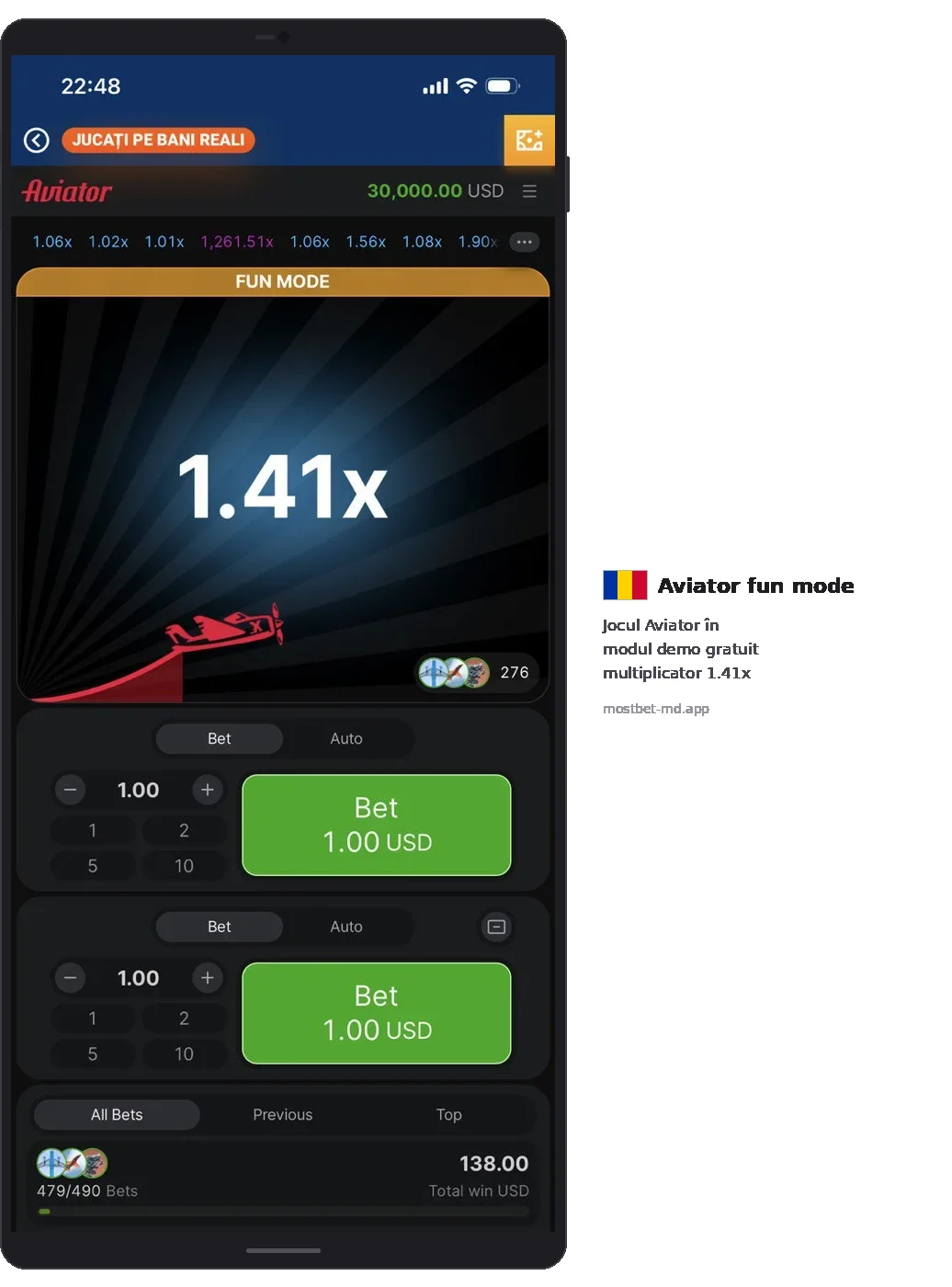 Mostbet Aviator FUN MODE 1.41x multiplier