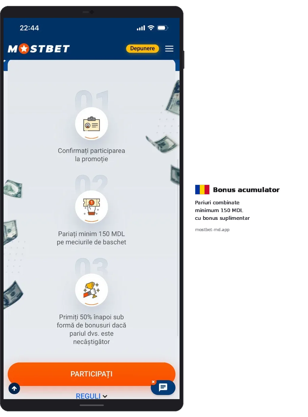 Mostbet Accumulator bonus 150 MDL basketball, 3 steps