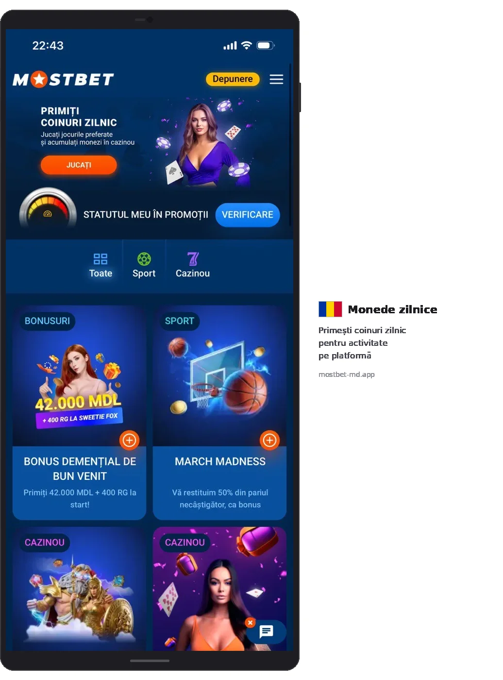 Mostbet PRIMIȚI COINURI ZILNIC 42000 MDL promovare