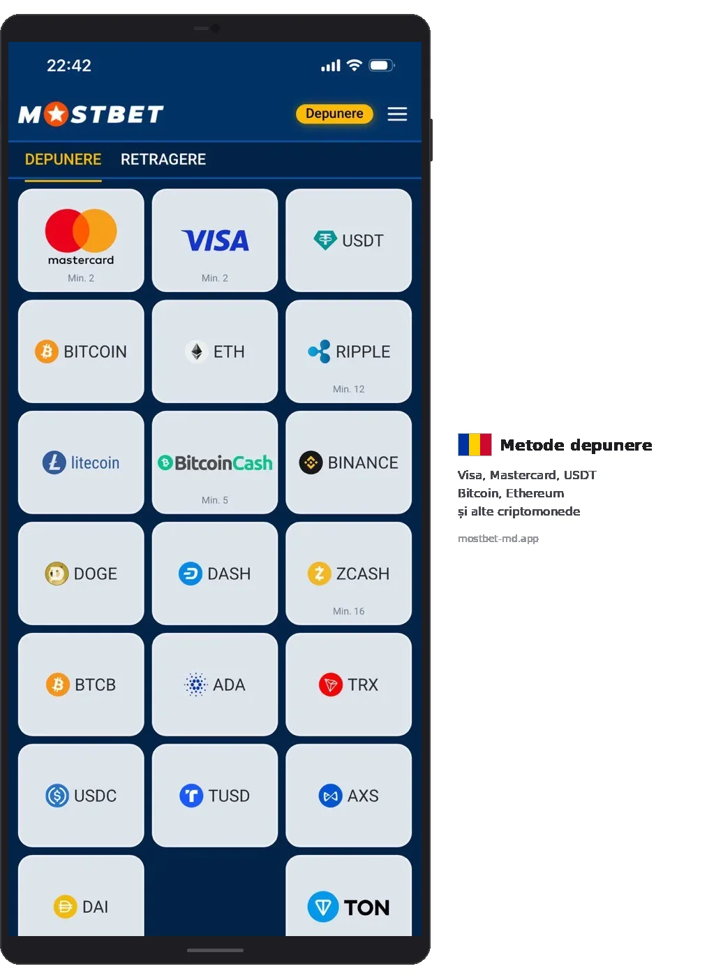 Mostbet DEPUNERE tab Mastercard Visa USDT Bitcoin ETH Ripple TON