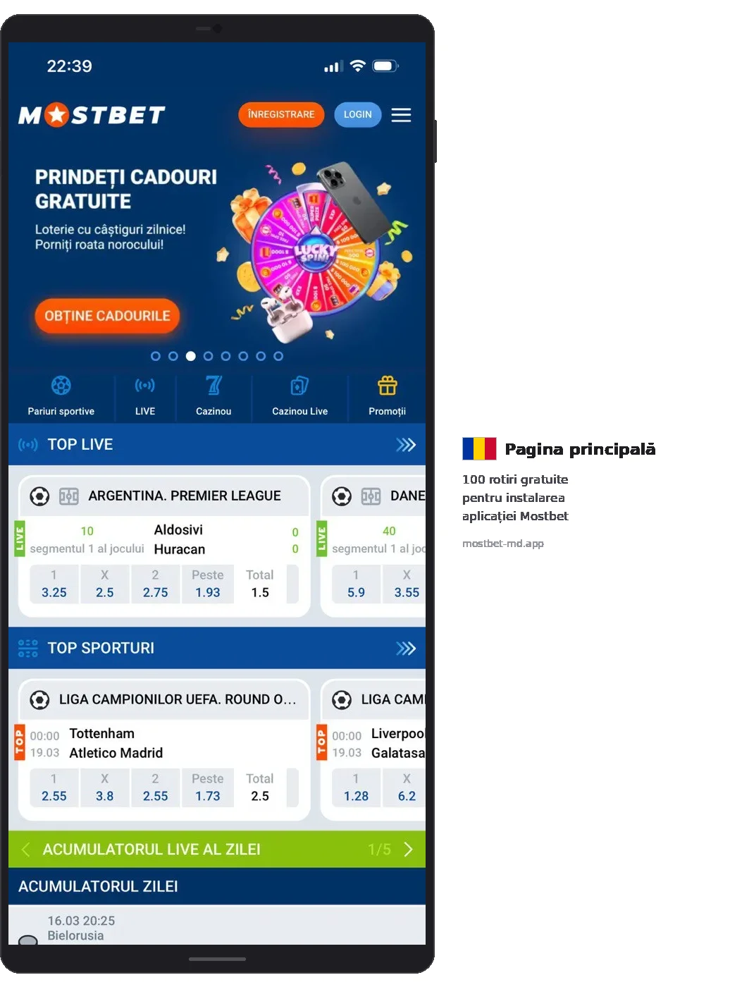 Mostbet homepage Lucky Spin PRINDEȚI CADOURI GRATUITE banner