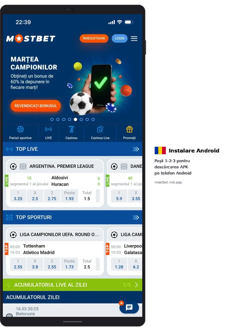 Mostbet MARTEA CAMPIONILOR 60% banner homepage