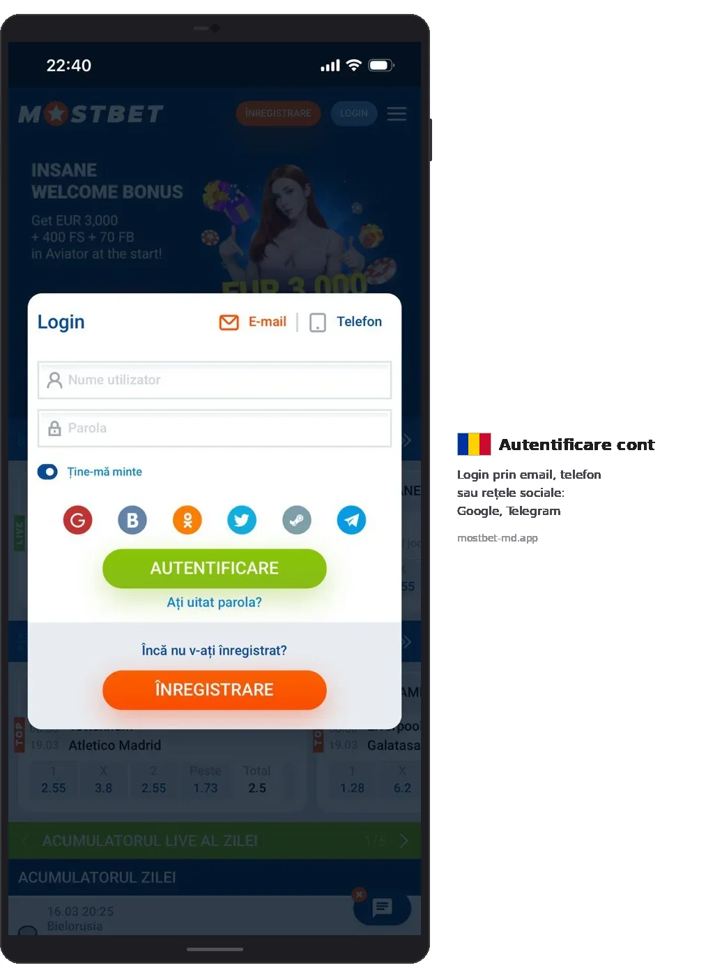 Mostbet login email telefon social login Google Telegram