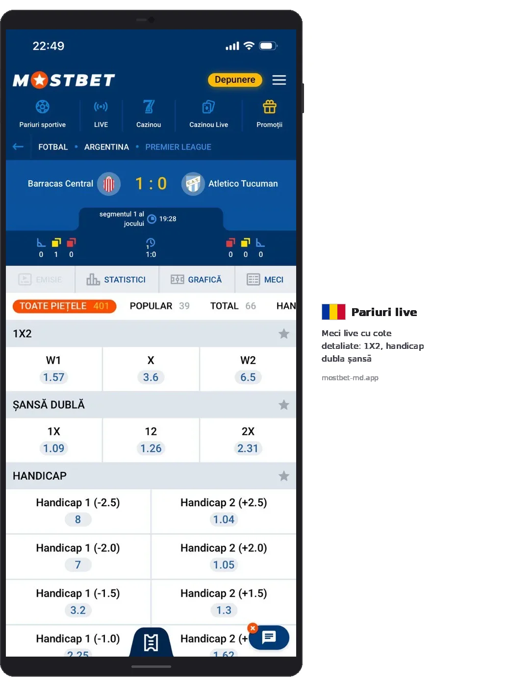 Mostbet LIVE match Barracas Central 1:0 Atletico Tucuman detailed odds