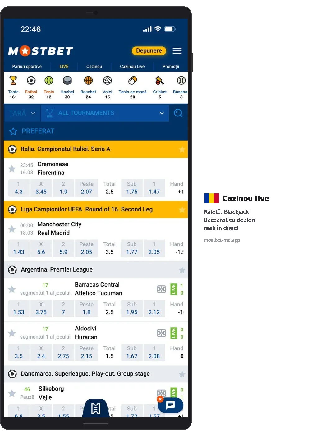 Mostbet LIVE tab Serie A UEFA Champions multiple matches with odds